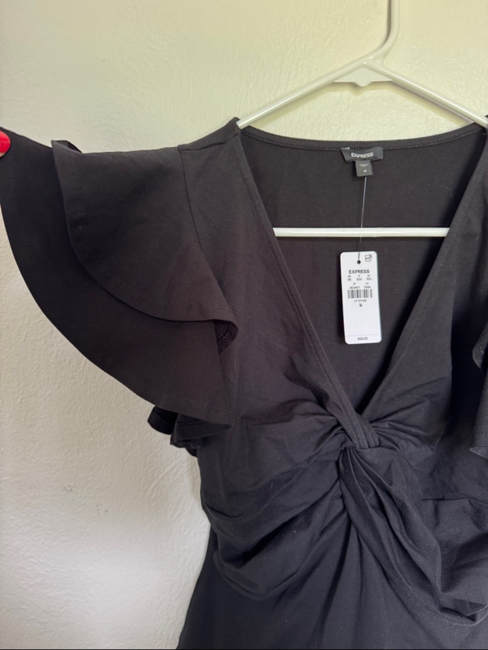 Express Black Ruffle-Sleeve Twist-Front V-Neck Bodysuit - Picture 4 of 8